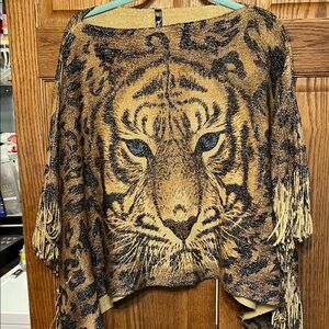 White Mark Metallic Knit Fabric Lion animal print poncho. Kimono sweater.